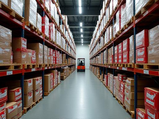 Scaffali di un magazzino con prodotti Arco Colore pronti per la spedizione